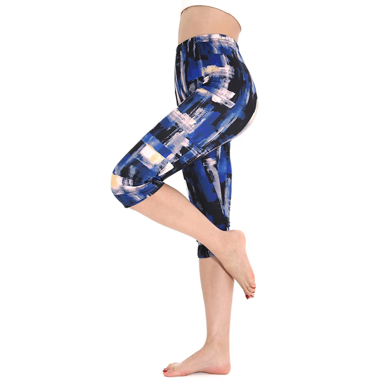 K473 European and American Fashion Leisure Vacation Blue and White Splashed Ink Pattern Seven Point Bottom Pants Elastic Pants