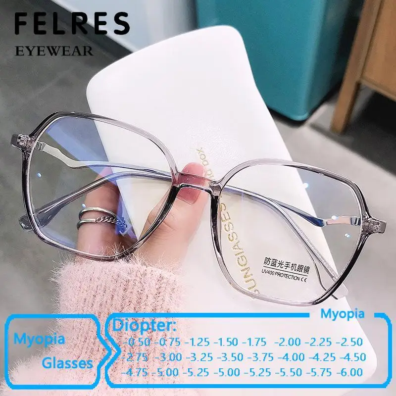 

Oversized Square Myopia Glasses For Women Clear Frame Anti Blue Light Computer Eyewear Finished Nearsight Prescription Glasses