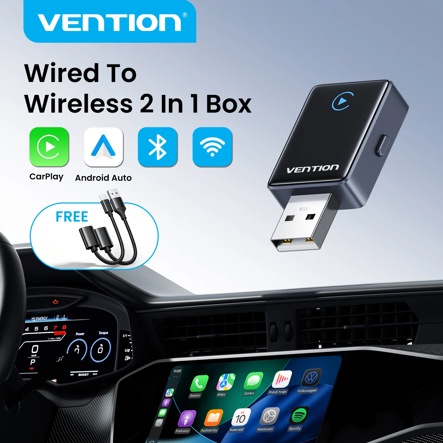

Беспроводной адаптер Vention 2-в-1 для CarPlay и Android Auto, мини-бокс с поддержкой Wi-Fi 5 ГГц и Bluetooth, автоматическое подключение для Toyota, Volvo, Benz, MG, Kia, Mazda, Ford