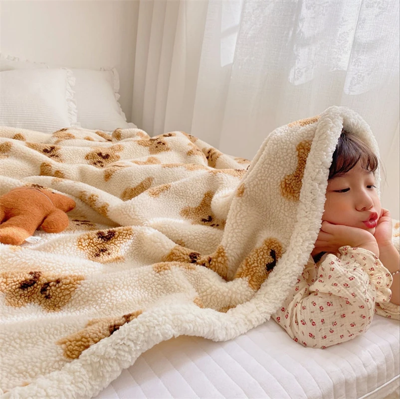 Cartoon Bear Lamb Fleece Blanket, Skin-friendly, Soft, Thickened, Office, Lunch Break, Sofa, Student Dormitory