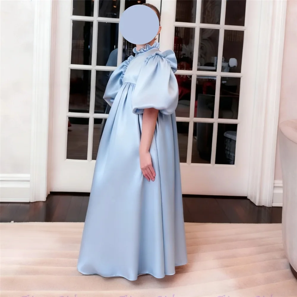 Custom light luxury dress women wedding guest gown girls wedding gown birthday party pageant puff sleeve ruffle big bow satin