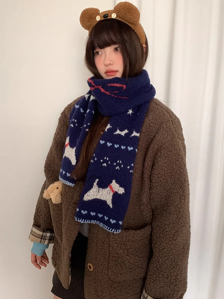 Japanese-Style Dark Blue Small Dog Knit Scarf For Women, Winter Cute Shopping Atmosphere Versatile Warm Student Wool Scarf