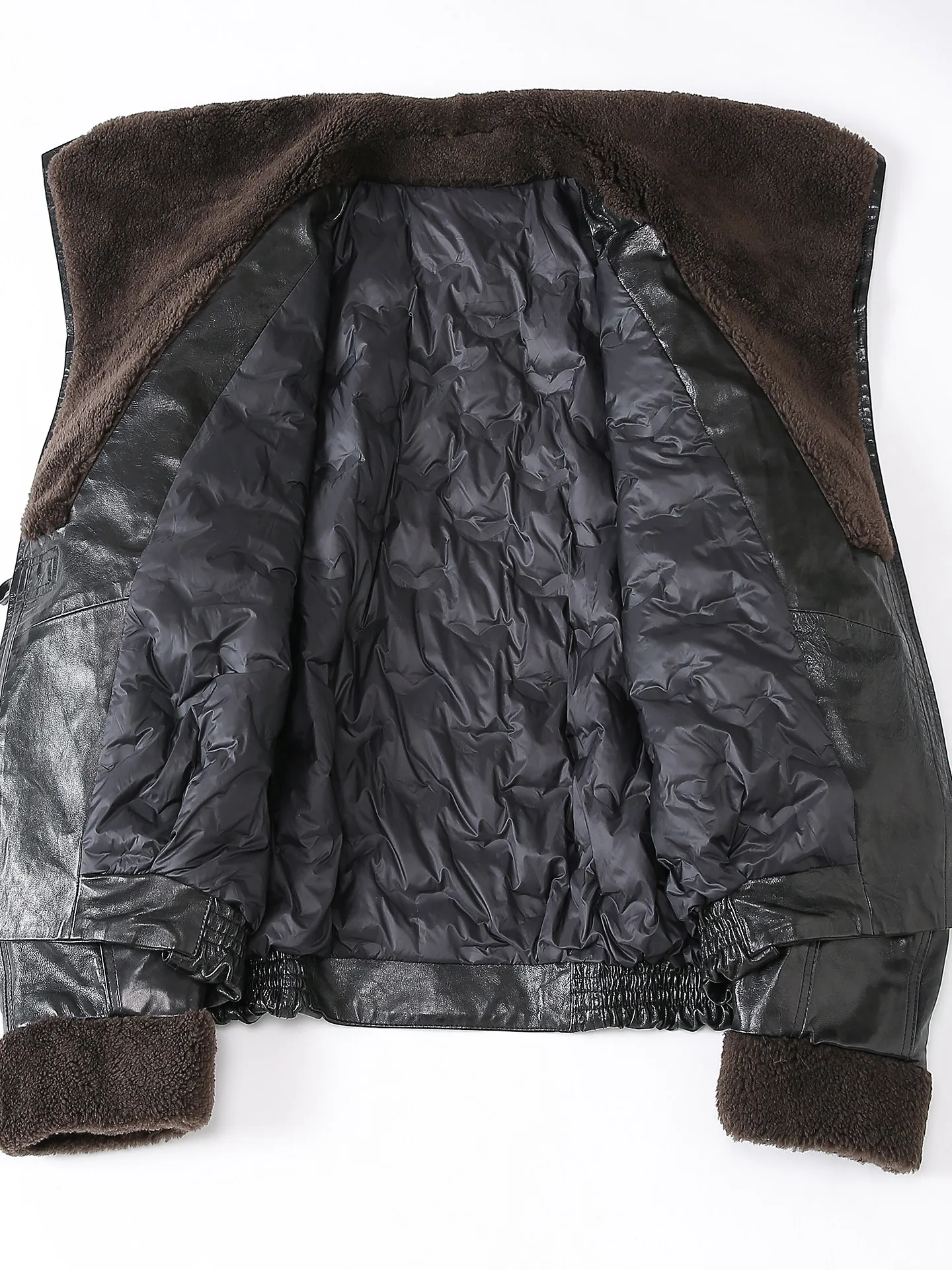 海寧レザージャケット グースダウンジャケット ファー一体型 ファーウールカラー レディース ショート丈 オイルワックスシープスキンジャケット