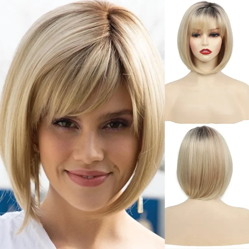 

Hair Extensions Synthetic Fashion Women Wigs Short Straight Bob Hairstyle Blonde HighLights Hair Wig Heat Resistant Fiber