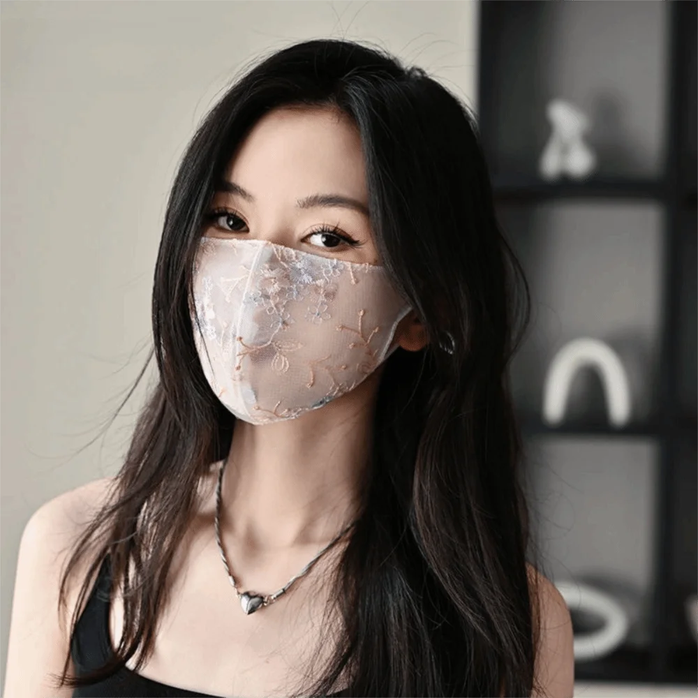 Fashion Embroider Flower Veil Mask Breathable Thin Lace Mask Adjustable Dustproof Sunscreen Face Mask