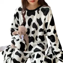 Pants Set Women O-Neck Long Sleeves Pockets Loose Flannel Pajamas Milk Cow Pattern Plush Top Pants Homewear Set