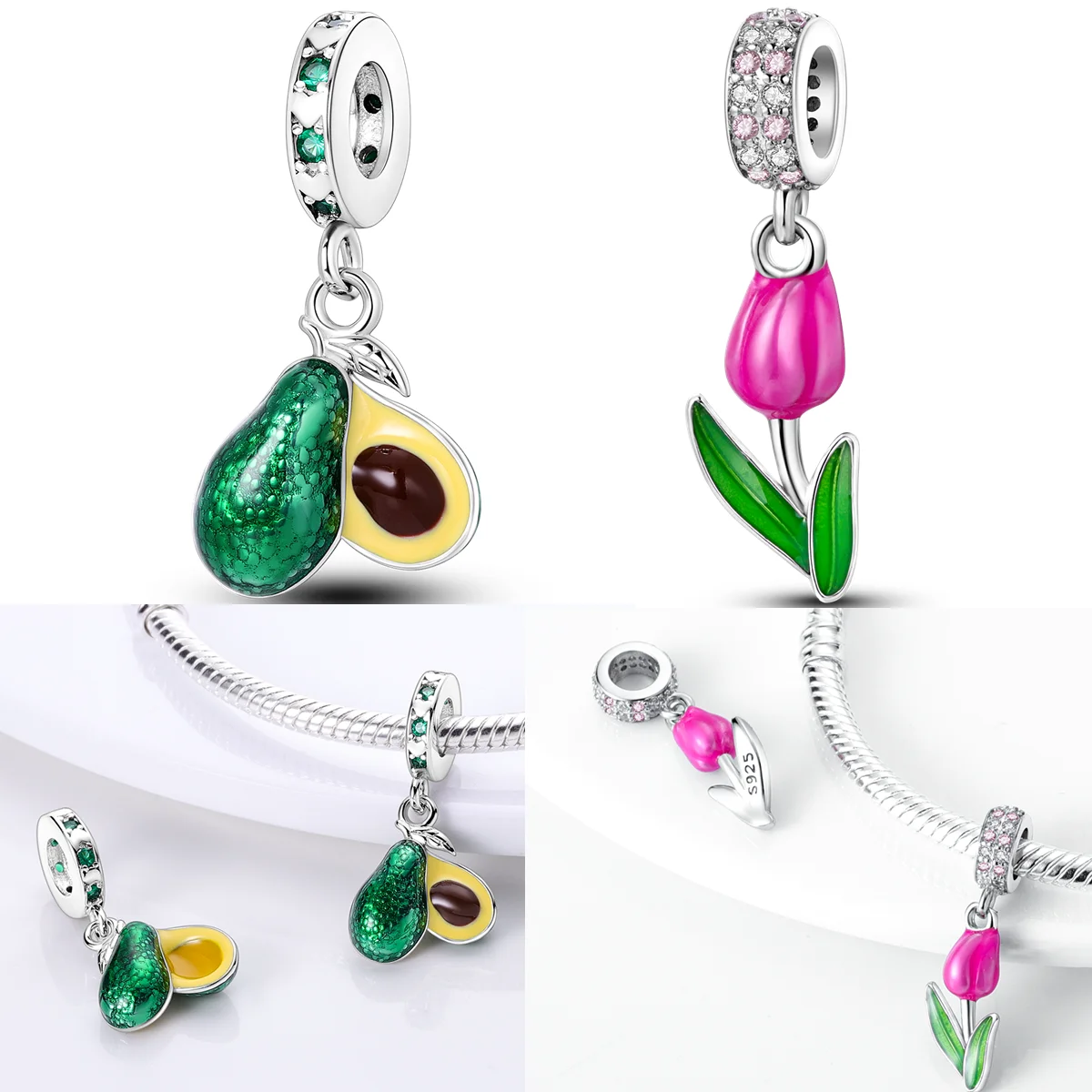 

925 Sterling Silver Healthy Avocado Charms Bead CZ Zircon Pink Tulip Dangle Fit Original Bracelet DIY Women Jewelry