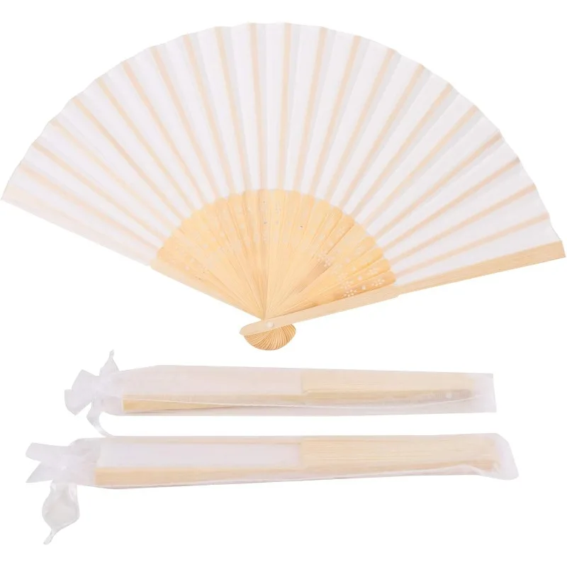 50pcs White Imitated Silk Fabric Bamboo Folded Hand Fan Bridal Dancing Props Church Wedding Gift Party Favors with gift bags