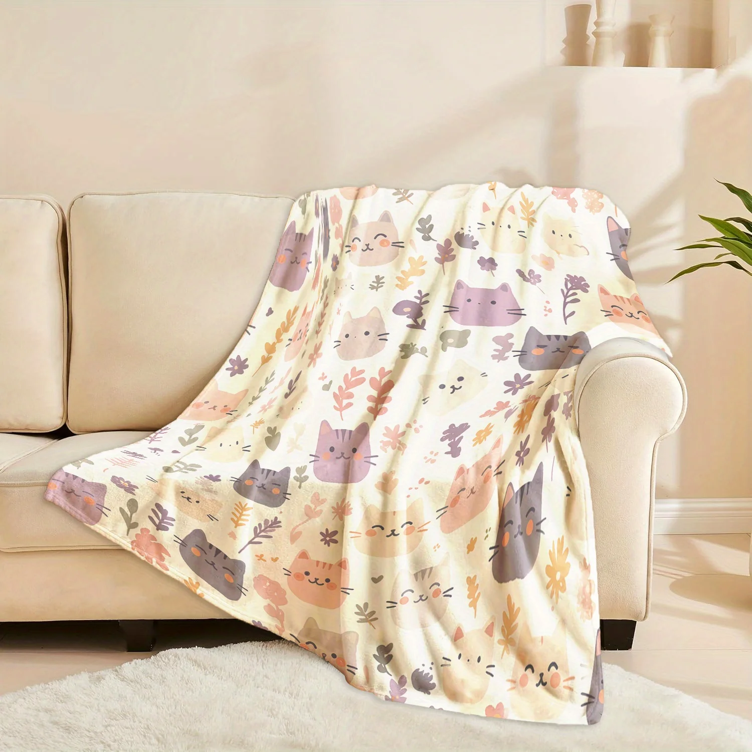 Charming Cartoon Cat Print Flannel Throw Blanket for Sofa Bedding Cozy Polyester Winter Home Decor Nursery Kids Room Gift - view 5