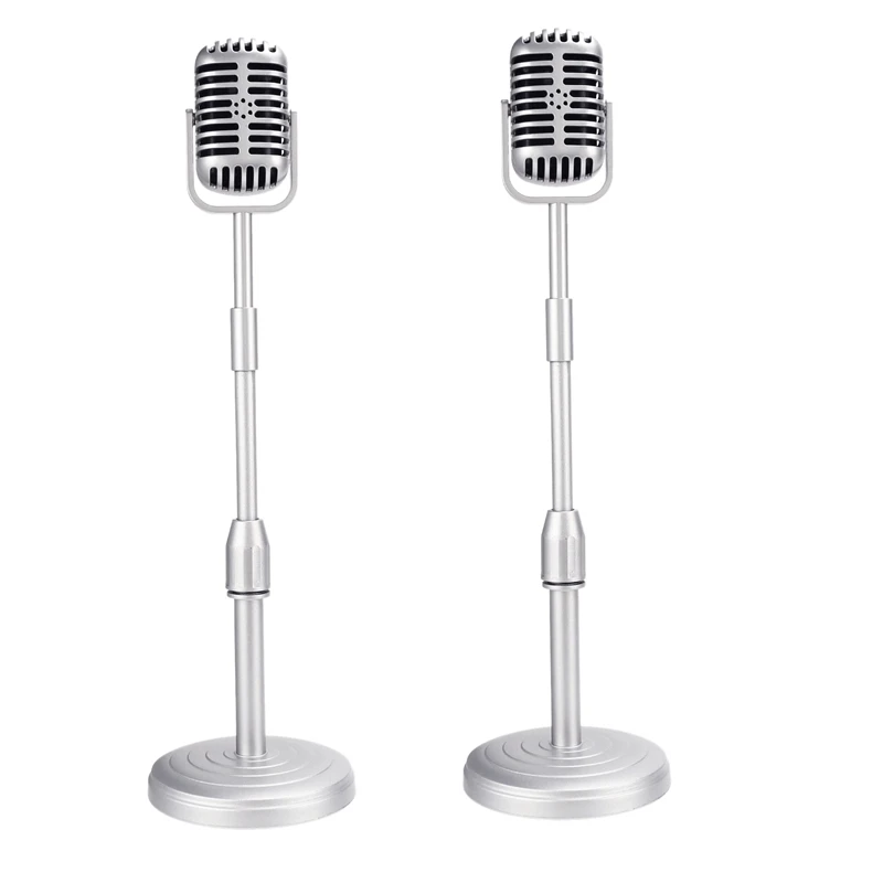 

2X Desktop Microphone Prop Model With Adjustable Height, Classic Retro Style Microphone Stand Fake Mic Prop,Silver