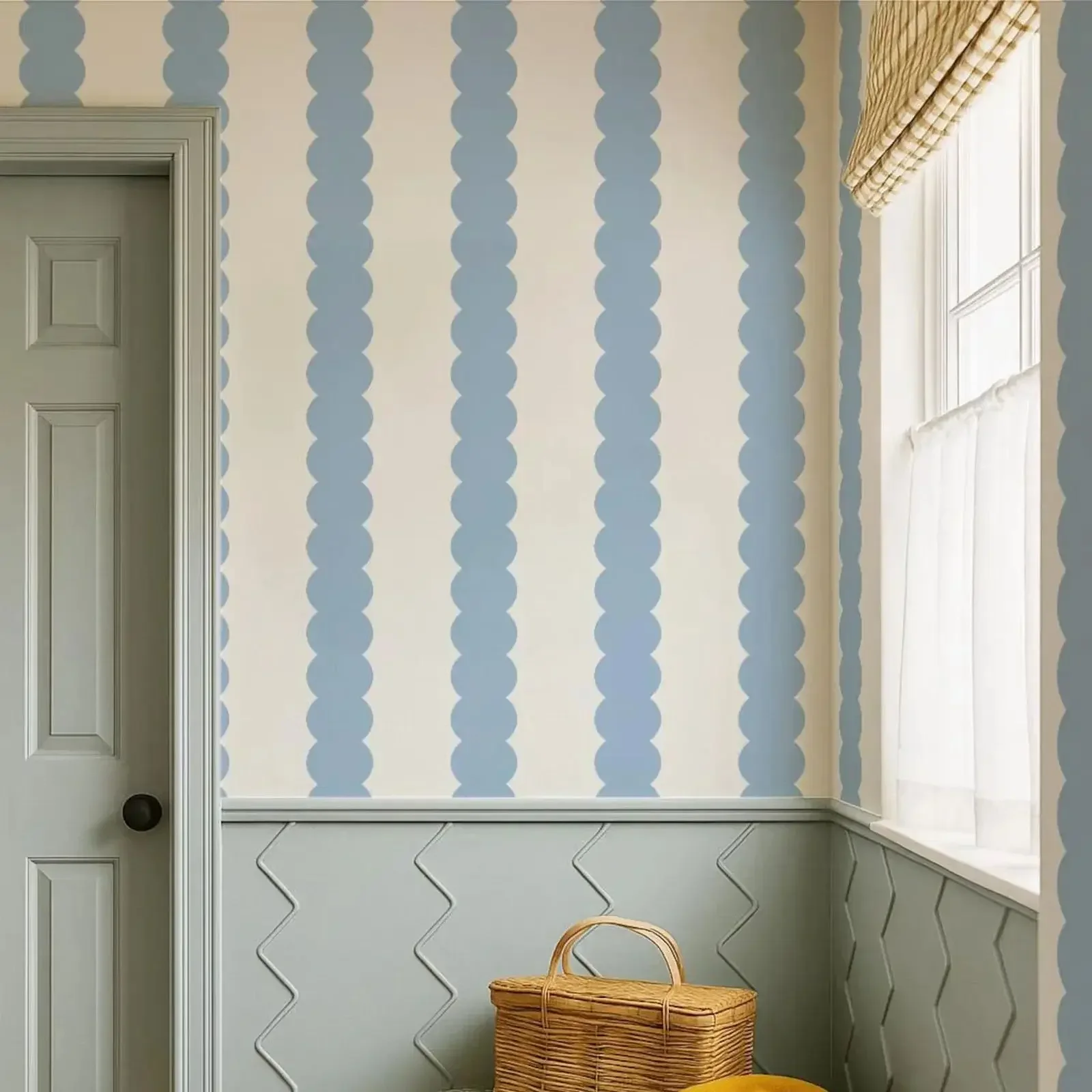 Blue Abstract Bubble Lines Peel and Stick Wallpaper, Scallop Stripe Blue Wall Mural For Home Decor, Self-adhesive Or Traditional