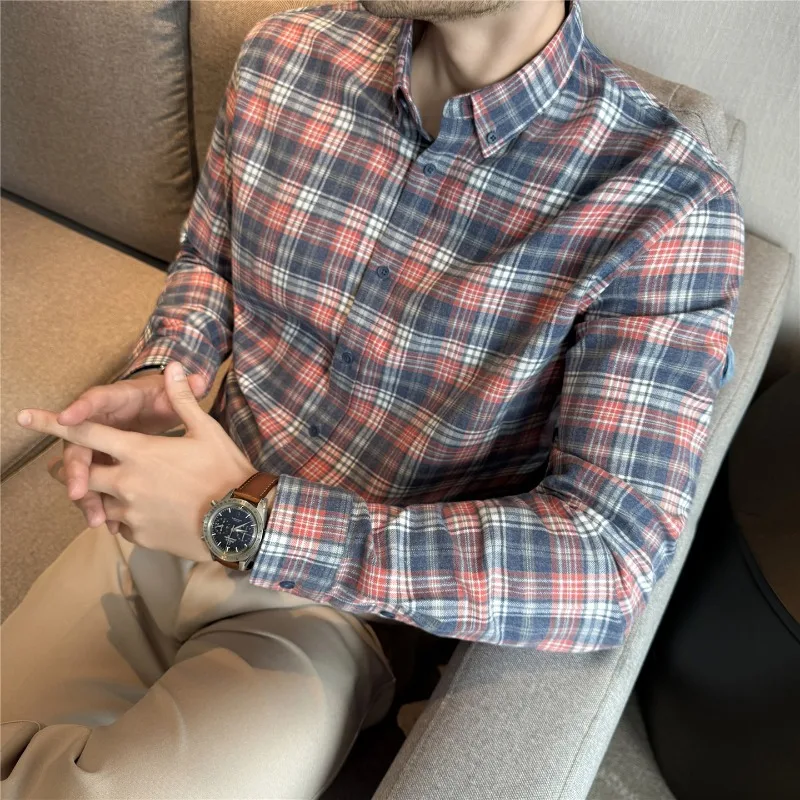 

Теплая толстая клетчатая рубашка с принтом, осень и зима 100, модная повседневная модная рубашка из чистого хлопка, официальная рубашка с длинным рукавом, мужская одежда