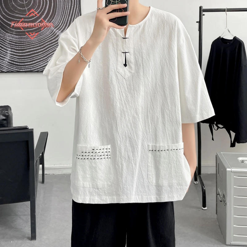 

Men Cotton Shirt Chinese Style Retro Casual V-neck Tops Summer Plus Size Embroidery Traditional Asian Tang Suit Tops for Man