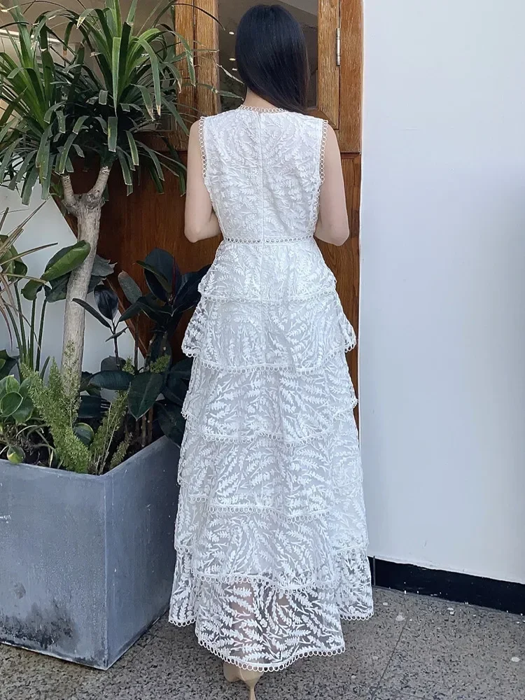 New Fashion Runway Summer Dress 2023 For Women's Bright Embroidered Mesh Vacation Dress Ladies Sleeveless Cake Dresses
