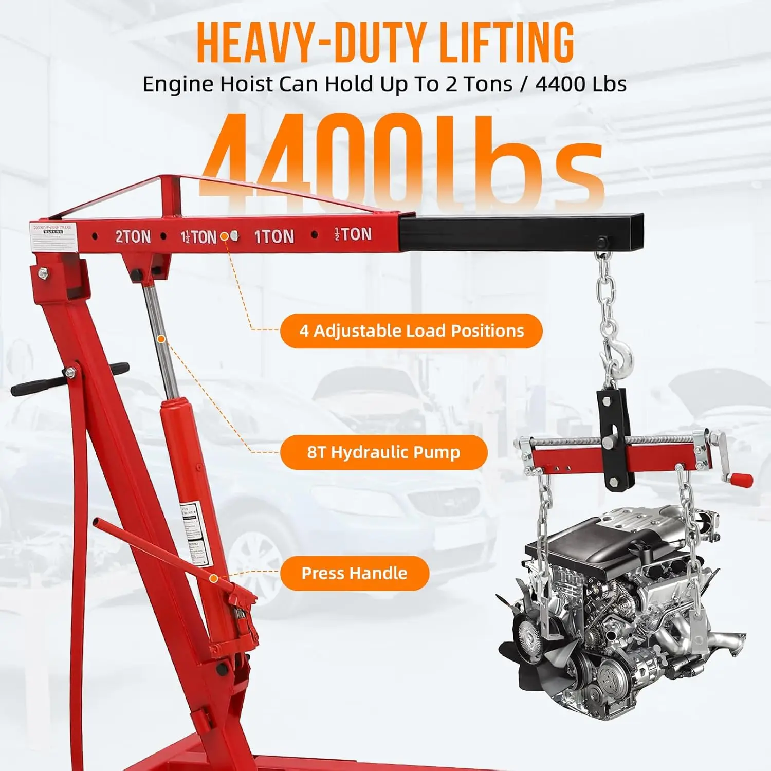 2 Ton Engine Hoist, Folding Cherry Picker Engine Hoist With Lever And 6 Casters, Heavy Duty Hydraulic Shop Crane, Engine Crane