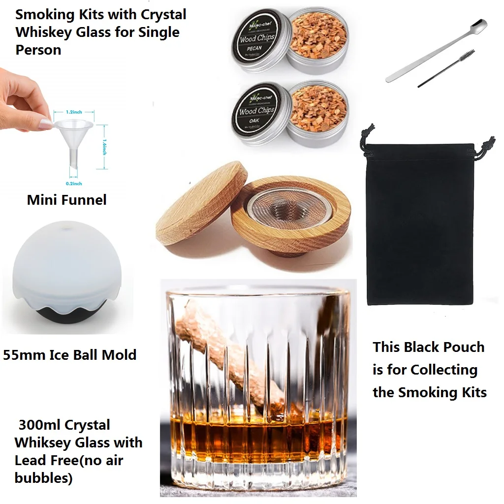 Whiskey Glass with Smoking Kit for Single Person Crystal Scotch Cups with Ice Mold for Home Brewing&Wine Making  Bar Ice Drinks