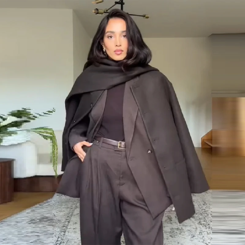 

Vintage Elegant Loose Jacket Scarf Collar Office Chic Lady Faux Woolen Coat Fall New Commuter Female Sophisticated Streetwear