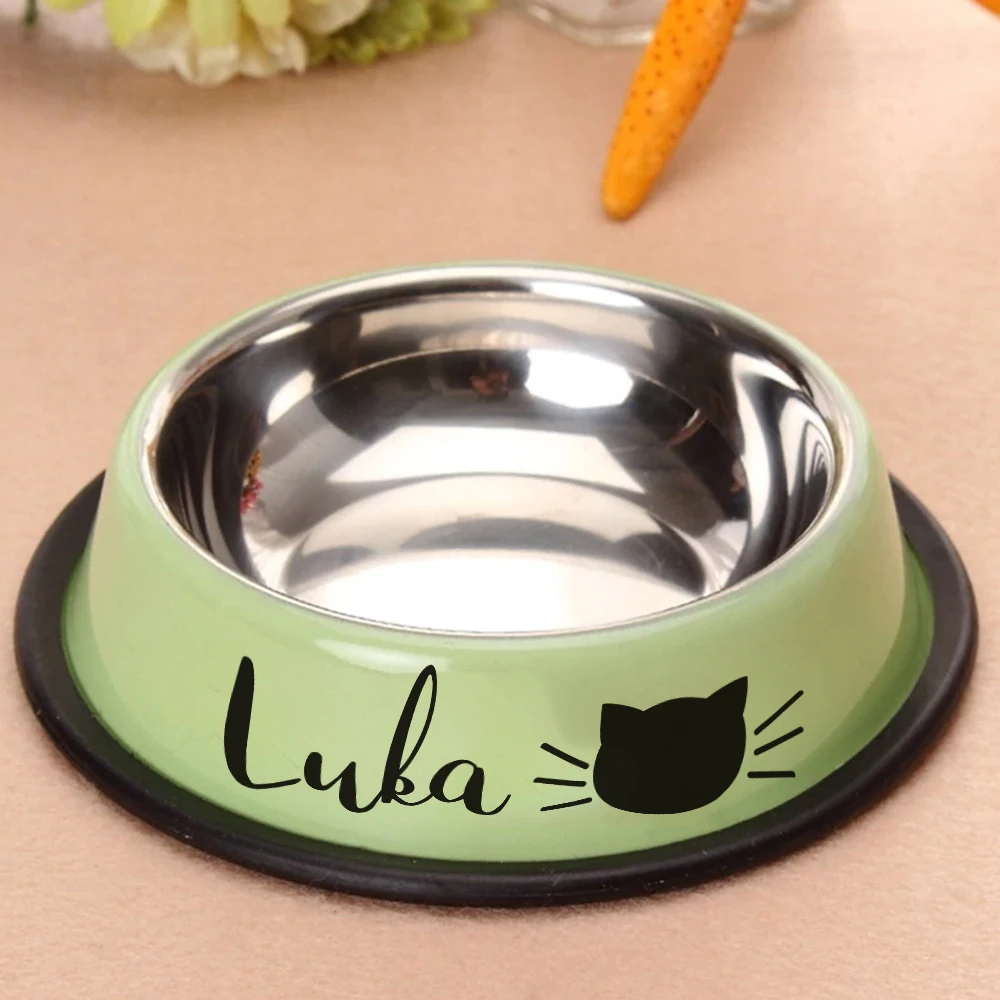 Cuencos de acero inoxidable con estampado de cabeza de gato, platos para comida de mascotas, agua, bebida, nombre personalizado, regalo para cachorros, cuencos alimentadores para mascotas