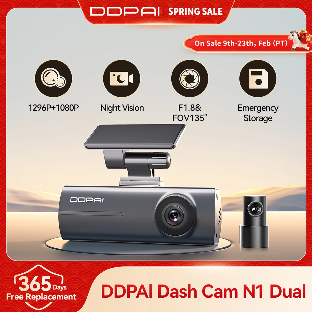 DDPAI Dash Cam  N1 Dual Front & Rear Recording NightVIS 1296P Dash Cam Recorder Car DVR   App Control