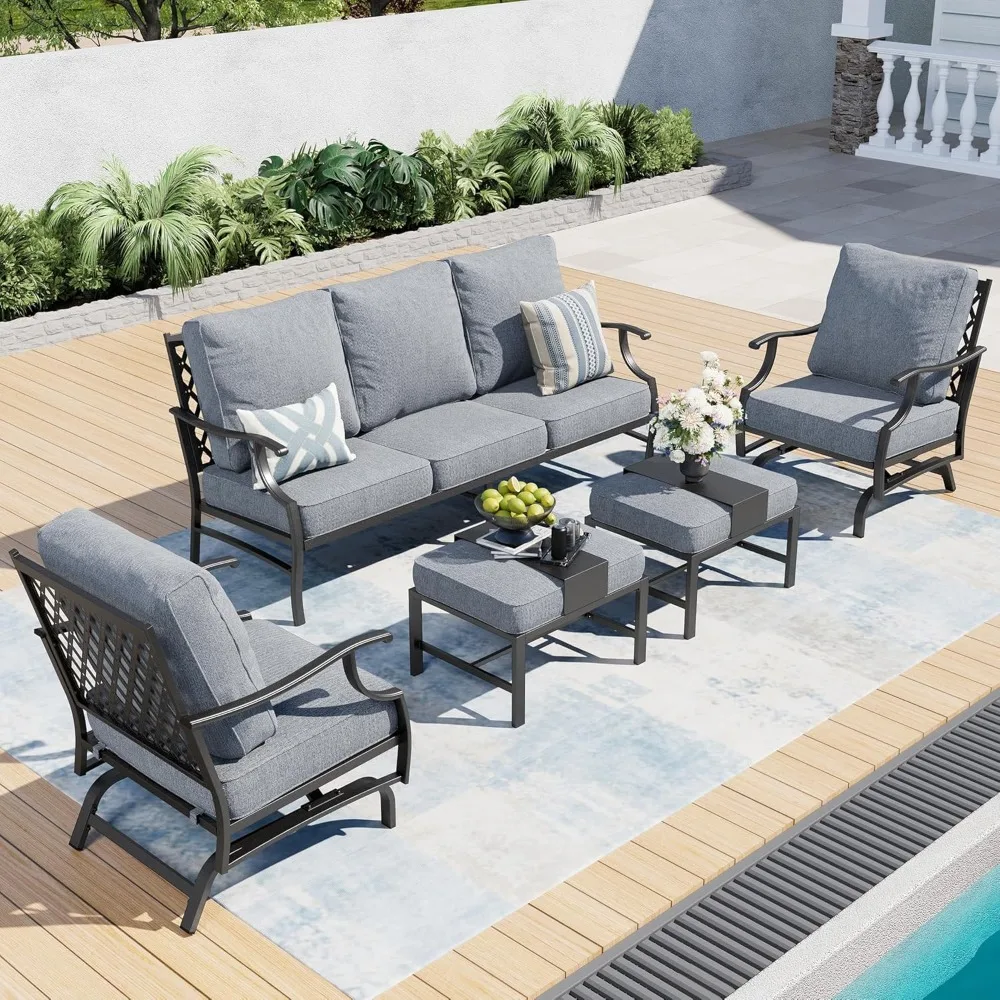 

7 Piece Metal Outdoor Patio Furniture Set, Patio Conversation Sets,Black All-weather Frame Backyard Furniture, Gray