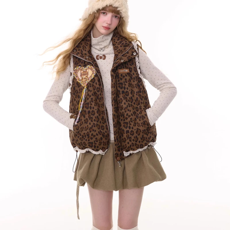Herfst Winter Verdikte Bruine Luipaard Kanten Afwerking Dames Katoenen Jas Amerikaanse Retro Zoete Koele Veelzijdige Warme Vest Jas Dames