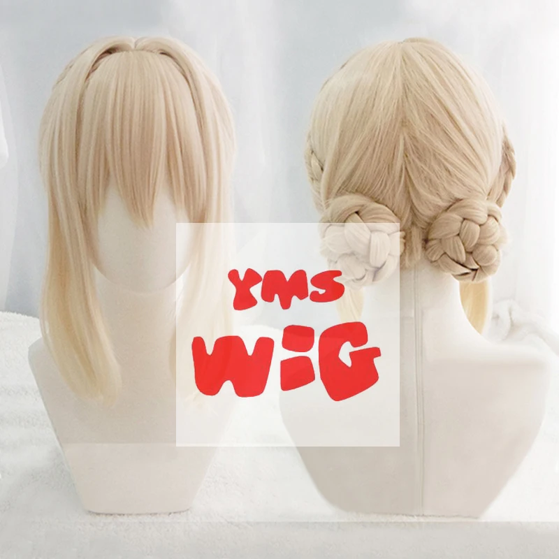 

YMS WIG Violet Evergarden Short Light Blonde Braid Hair With Two Buns Heat Resistant Hair Cosplay Costume Wig + Free Wig Cap