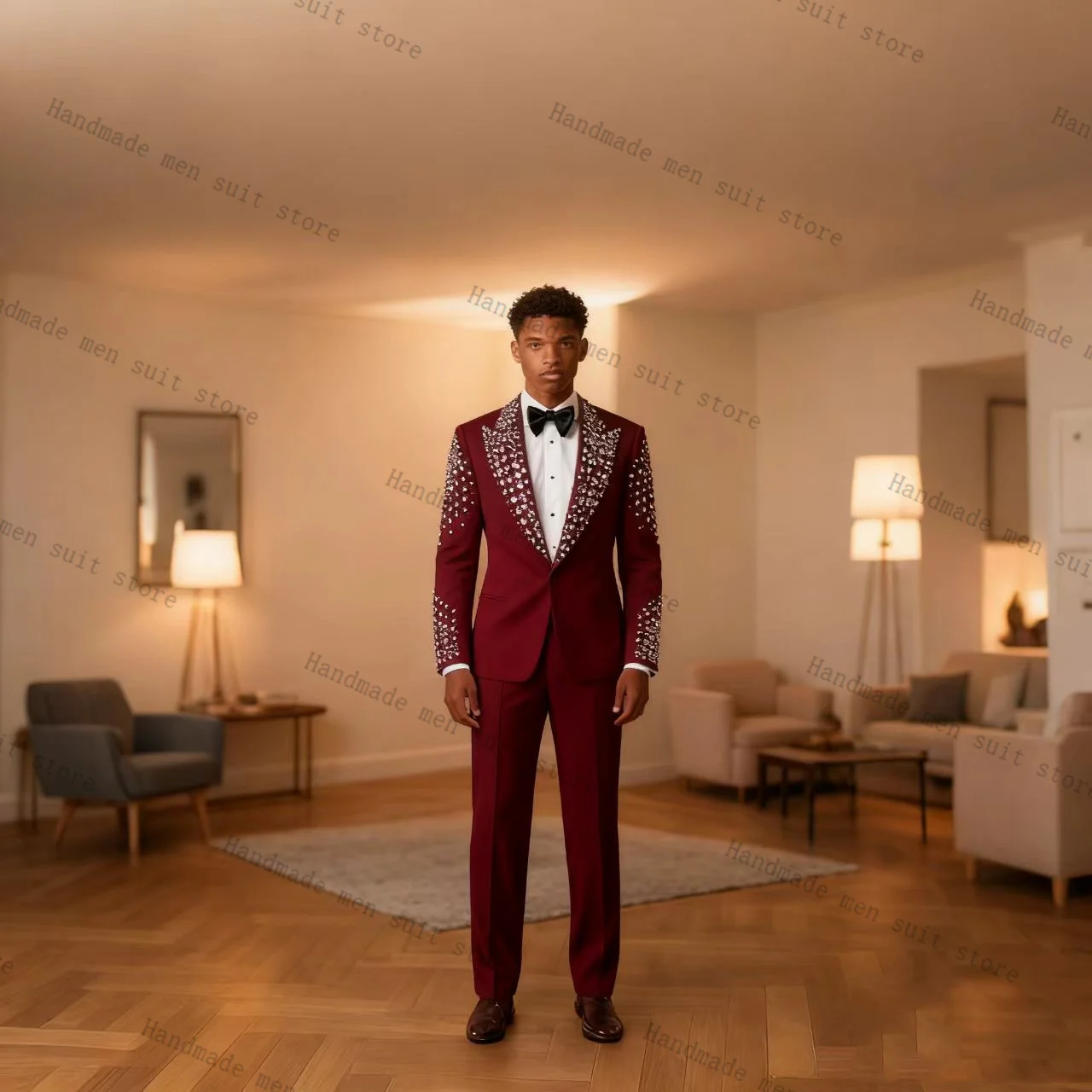 

Burgundy Crystals Men Suit Set 2 Pieces Blazer+Pants Prom Wedding Tuxedos Coat Cotton Customized Formal Office Fashion Jacket