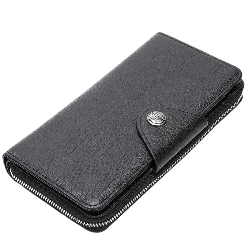 Leather long wallet, men's cowhide black business wallet, horizontal square clutch.