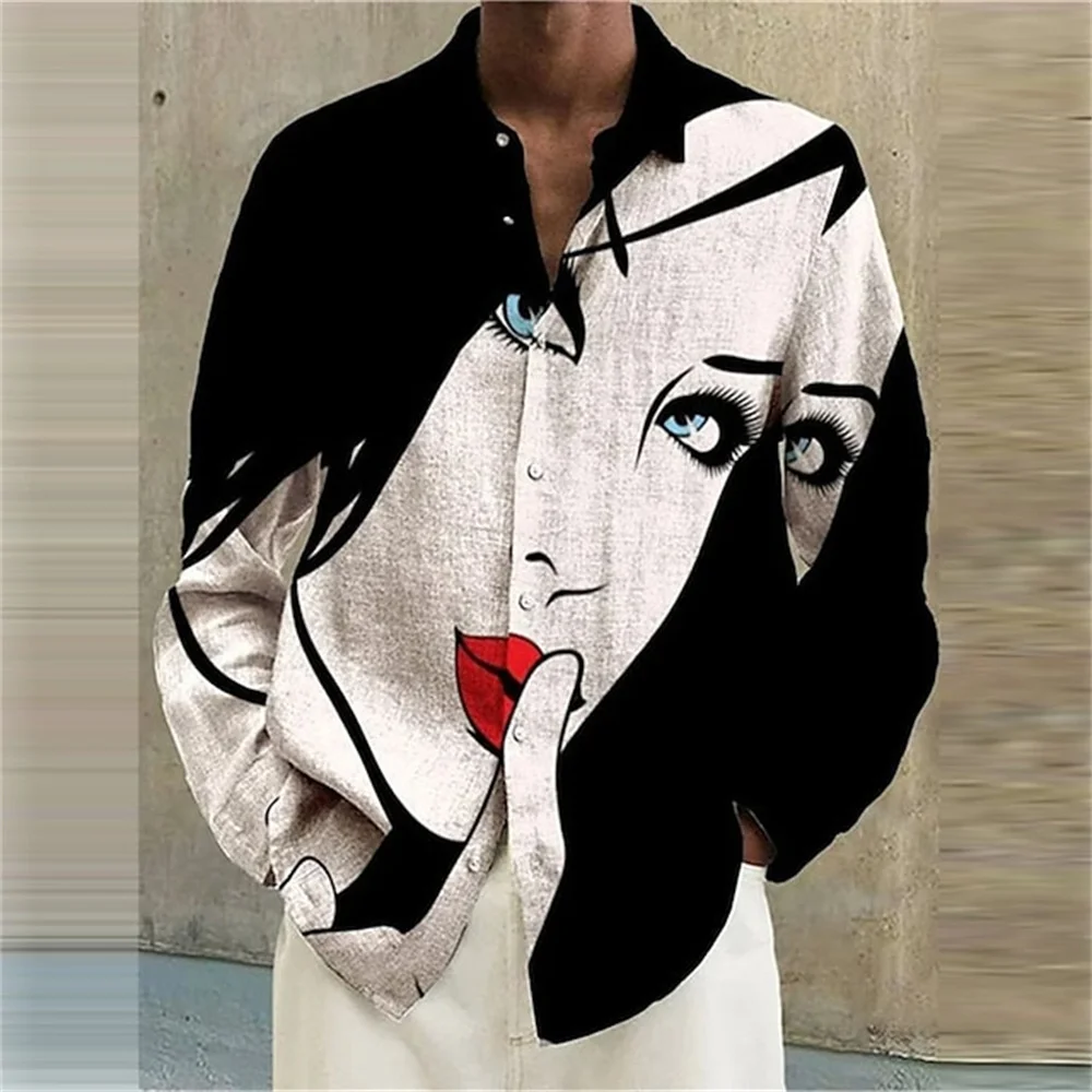 Men\'s fashion shirt lapel casual graffiti ink painting 3D printing slim outdoor retro high quality material top large size