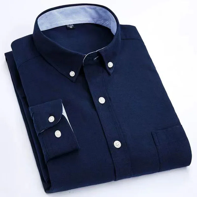 Camisa informal Oxford de manga larga a rayas para hombre, camisa informal con bolsillo frontal y cuello abotonado de ajuste Regular, camisas de trabajo gruesas Yyqwsj