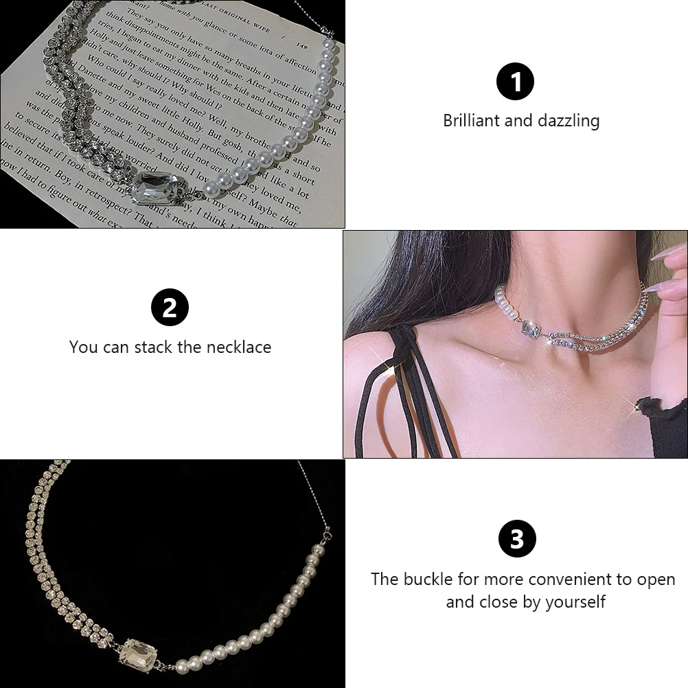 

1Pcs Rhinestone Pearl Necklace Double Layer Choker Elegant Adjustable Chain for Wedding Party Prom Birthday Gift Fashion Neck