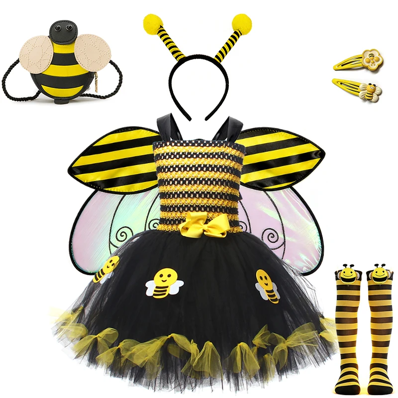 Kids Honey Bee Tulle Tutu Dress for Girls Halloween Cosplay Insect Bee Festival Stage Performance Masquerade Children's Costume