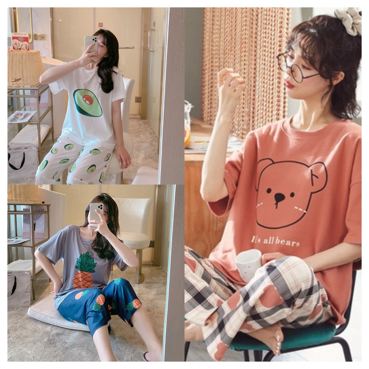 Two-piece women Summer new  trousers loose casual O-neck pajamas home wear can be worn outside the suit School pajamas Short