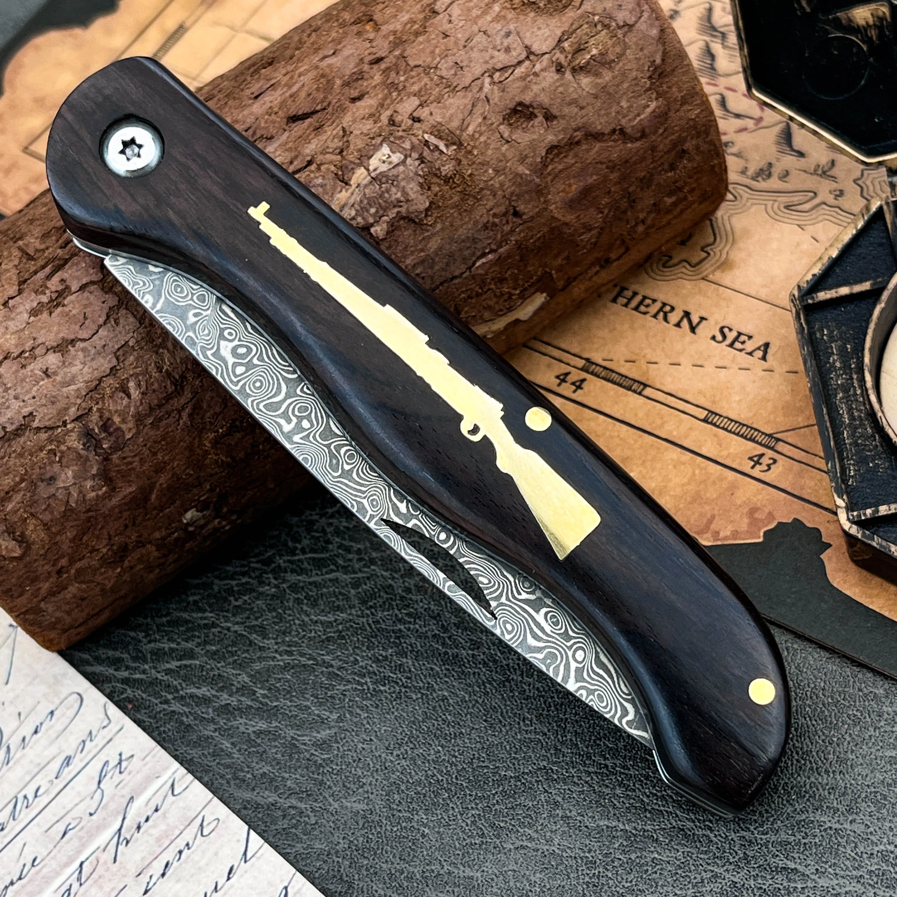 folding knife crafted with high-grade materials Damascus blade ebony handle a holiday gift portable utility camping hiking knife