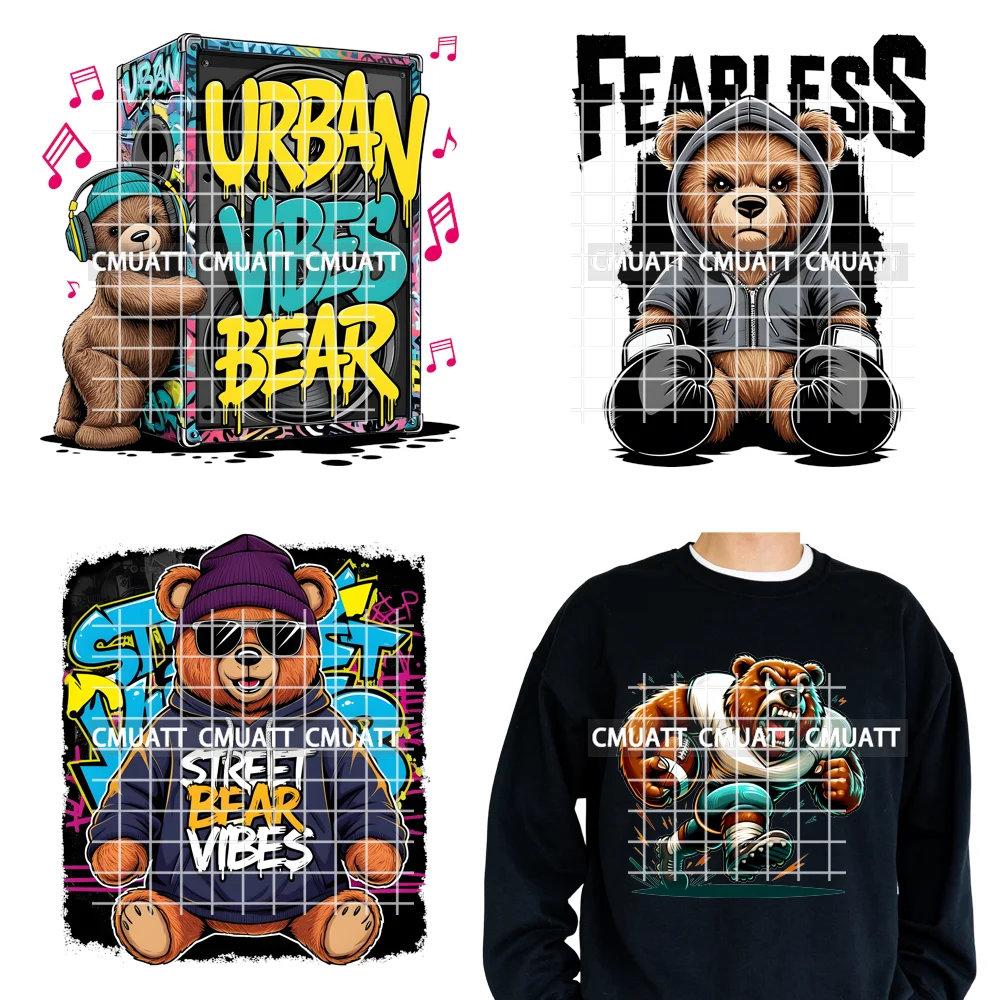 12in Cool Graffiti Urban Stree Vibes Fearless Gangster Bear Designs Iron on DTF Transfer Stickers Ready to Press for Man Textile