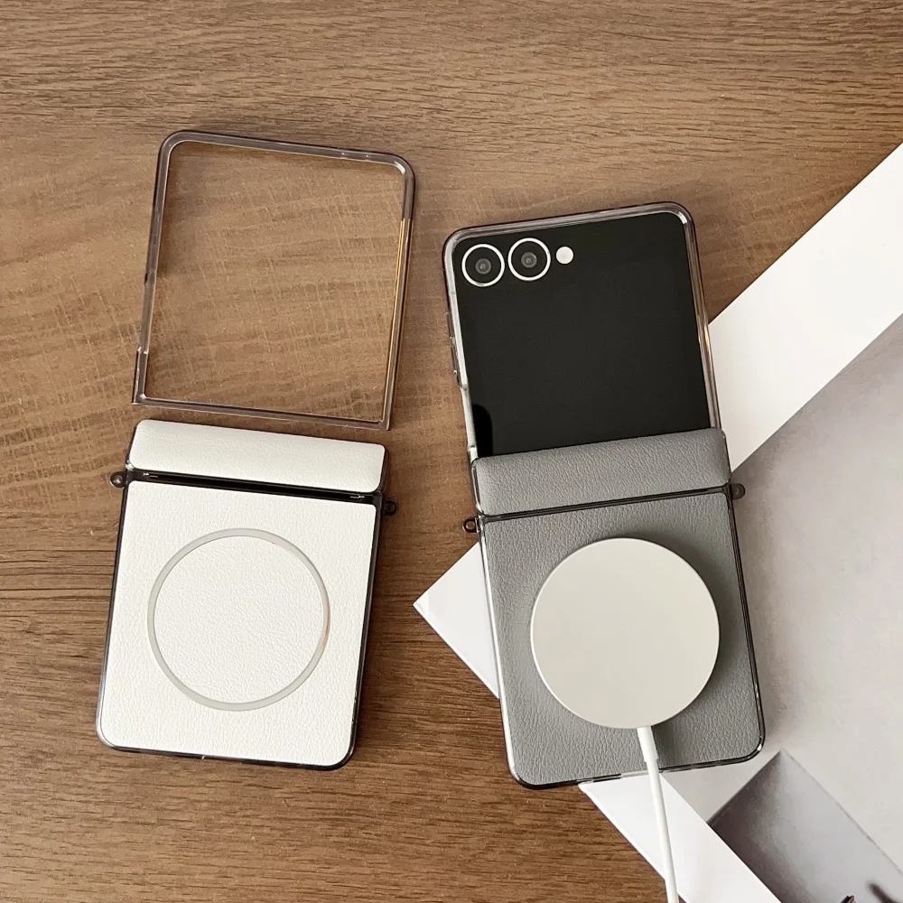 حافظة جلدية مغناطيسية لهاتف سامسونج جالاكسي Z فليب 7 لهاتف Magsafe المفصلي غطاء شحن لاسلكي مقاوم للصدمات لهاتف Z Flip7