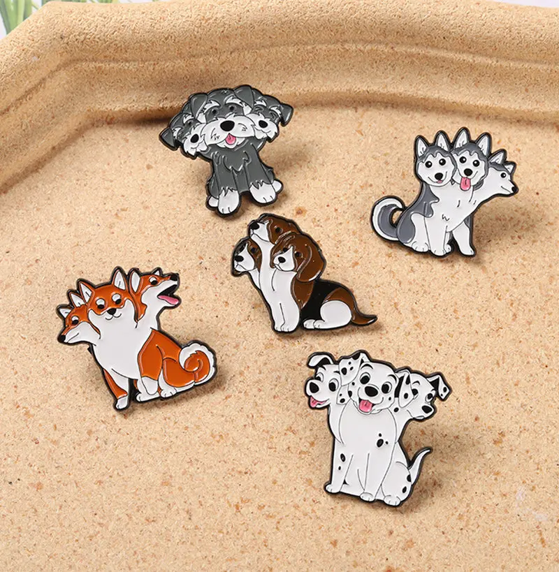 Cerberus Dogs Enamel Pins Fun Kawaii Akita Shiba Inu Brooches Bag Hat Lapel Pin Badge Men Women Jewelry Gift for Dog Lover Fans