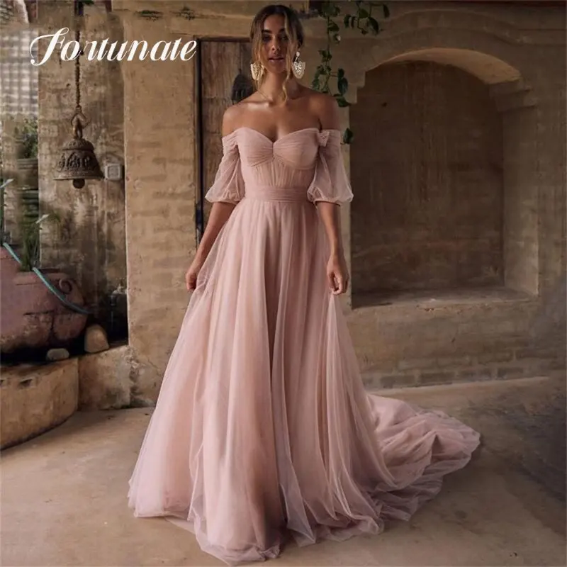 

Princess Pink Prom Dresses Sweetheart Off The Shoulder Tulle Graduation Wedding Party Gown Short Sleeve Homecoming Sweep Train