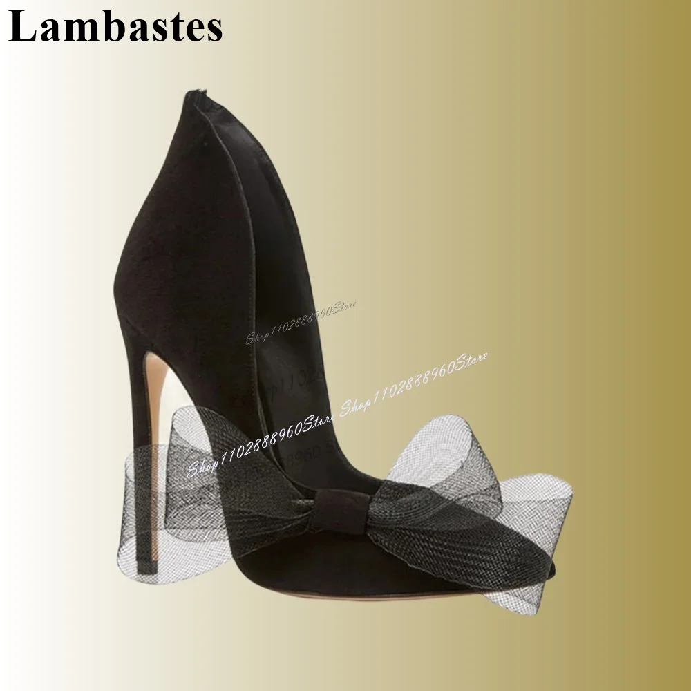 Graceful Black Suede Air Mesh Bow Knot Decor Pumps Stilettos High Heel Women Shoes Slip-On Pointed Toe 2023 Zapatos Para Mujere