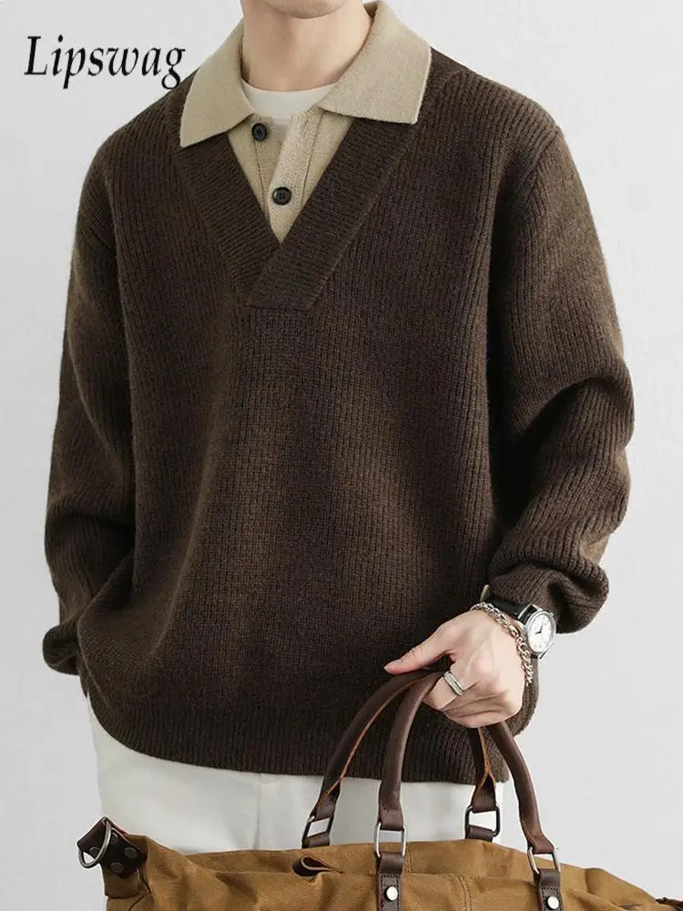 

Trendy Mens Patchwork Double Layer V Neck Polo Shirts Knitting Long Sleeve Buttoned Lapel Sweaters For Men Autumn Winter Sweater