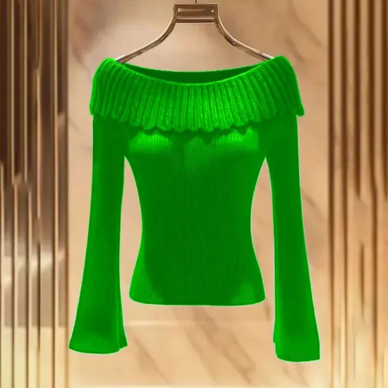 

Blue Rose Red Green Slash Neck Long Sleeved Sweater Women Knitted Sweater Pullover 2025 New Spring Autumn Knitwear Top