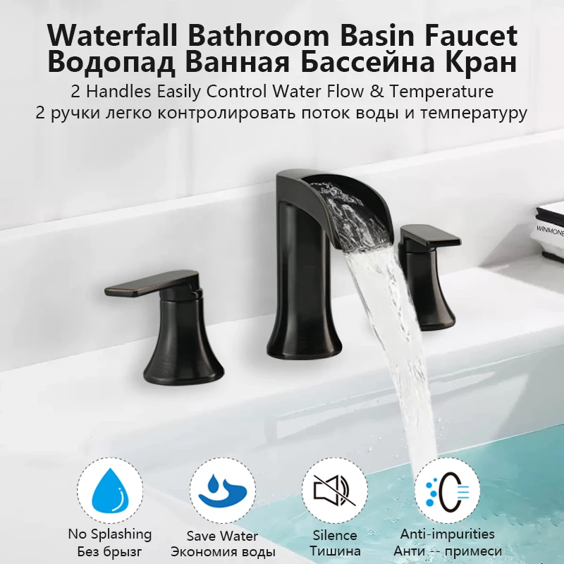 

Waterfall Bathroom Sink Faucet 3 Hole 4-8 Inch Brass Bathroom Faucets 2 Handle Washbasin Mixer Taps for Restroom Vanity Lavatory