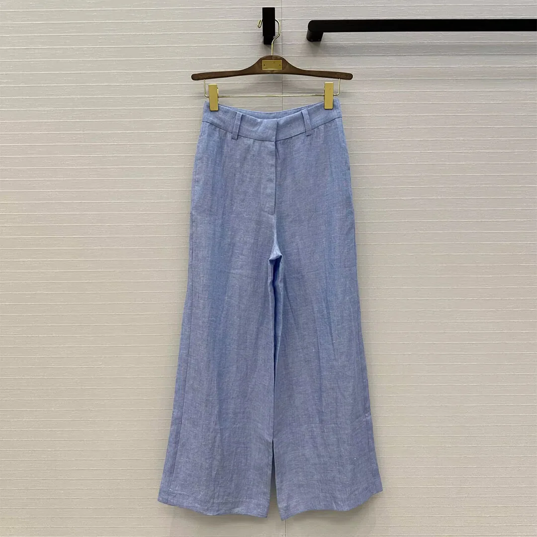 

High Quality Old Money Style 100% Linen Wide Leg Suit Pants Women High Waist Blue Color Elegant Office Lady Loose Long Trousers