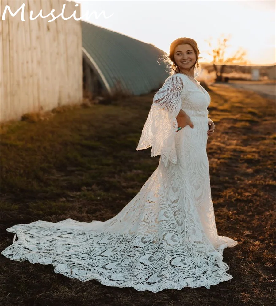 Glamorous Full Lace Boho Wedding Dresses 2025 Flare Sleeves Mermaid Forest Bridal Dress V Neck Plus Size Country Bride Wear Chic