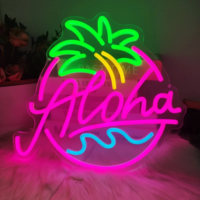 Aloha Palm Tree Neon Sign for Beach Party Led Signs for Bar Wall Decor,Dimmable Light Up Sign for Summer Holiday Bar Decorations - Image 2