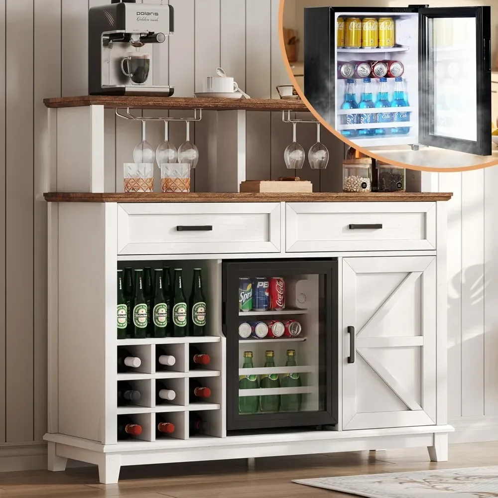 

Farmhouse Coffee Bar Cabinet with 15" Refrigerator & Wine Rack & Glass Holder, Wine Cabinet with Storage Drawers & Open Shelves