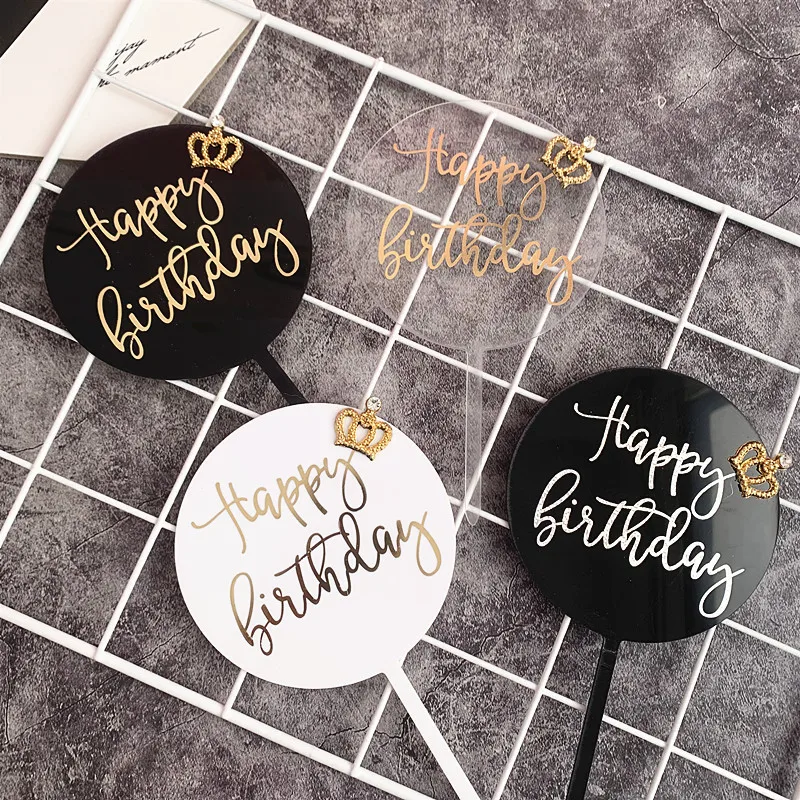 

Baking Cake Decoration Crown round Multi-Color Plug-in Happy Birthday Bronzing Acrylic Cake Card Insertion 10pcs