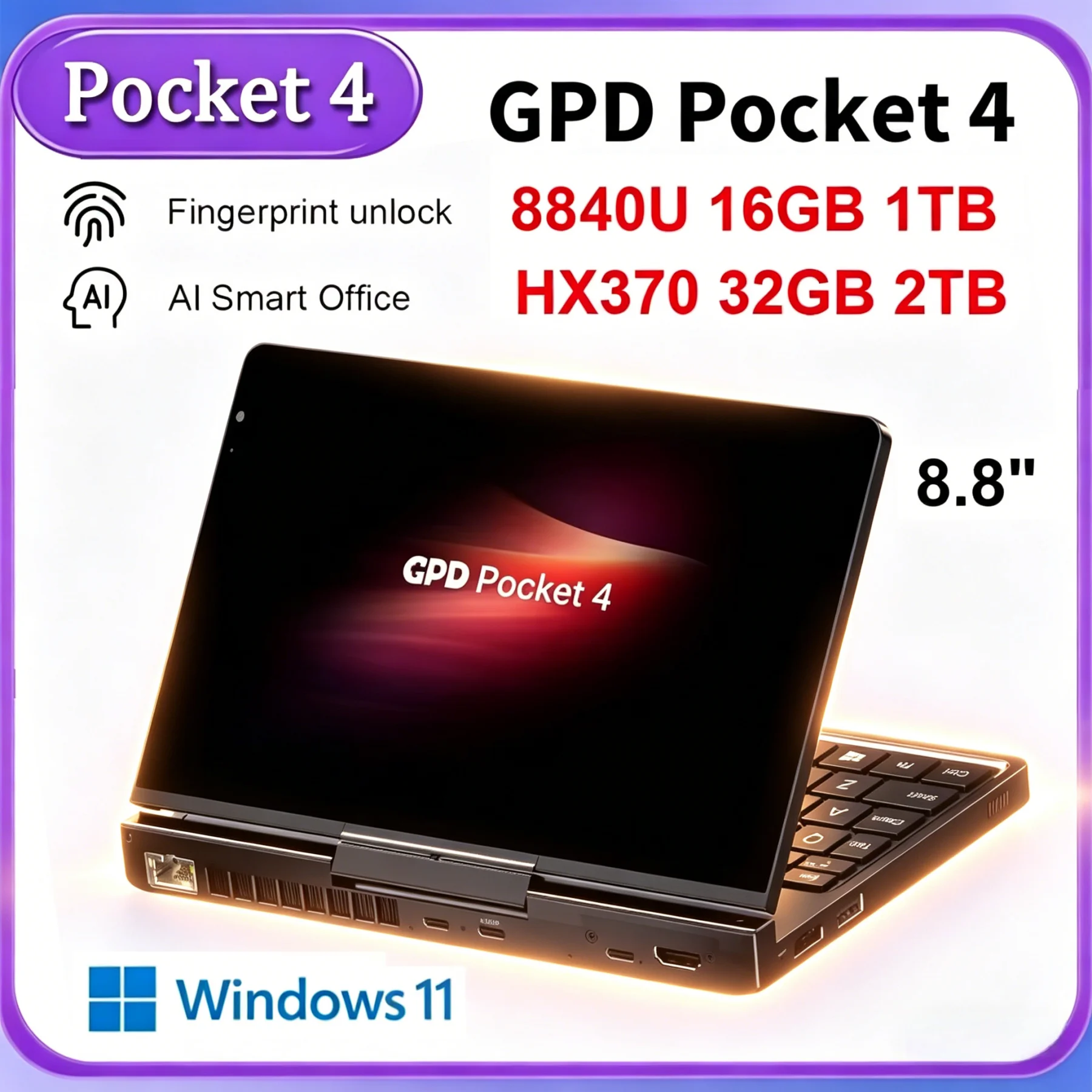 최신 2026 GPD Pocket4 2in1 노트북 AMD AI 9 HX 370/8840U 64GB 2TB NVMe 8.8인치 144Hz 팜사이즈 미니 PC 태블릿