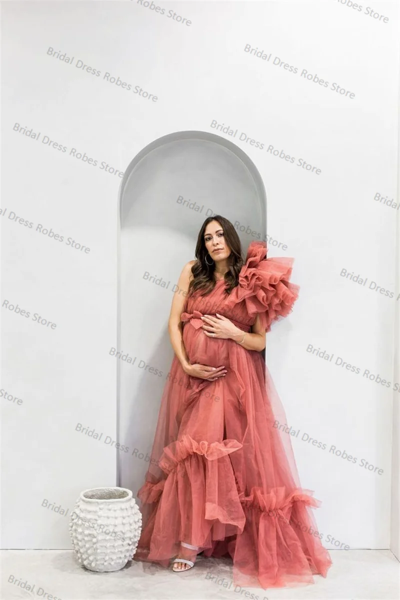 Dark Pink Women Maternity Dress for Photo Shoot Bridal Sexy One Shoulder Tiered Tulle Robe Pregnant Prom Skirt Customized