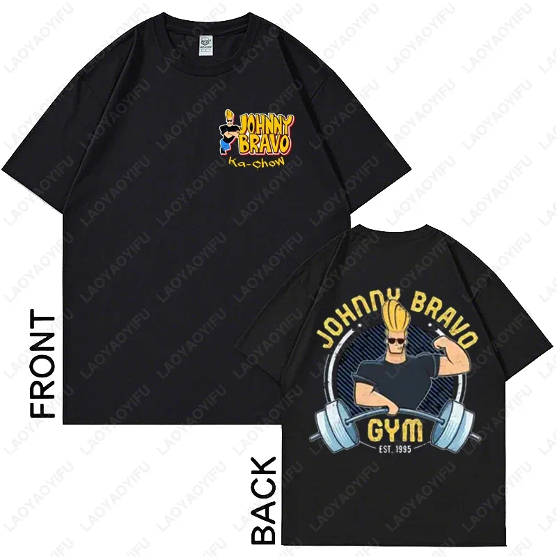 Impression Johnny Bravo Gym ‌ T-shirt vintage des années 90 avec dessin animé, en coton, pour musculation et fitness, avec motifs avant et arrière